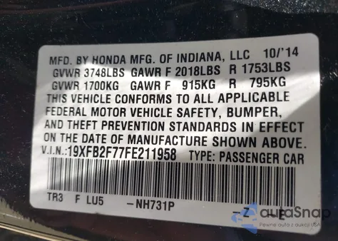 2015 Honda Civic Se z USA, uszkodzony, nr VIN 19XFB2F77FE211958